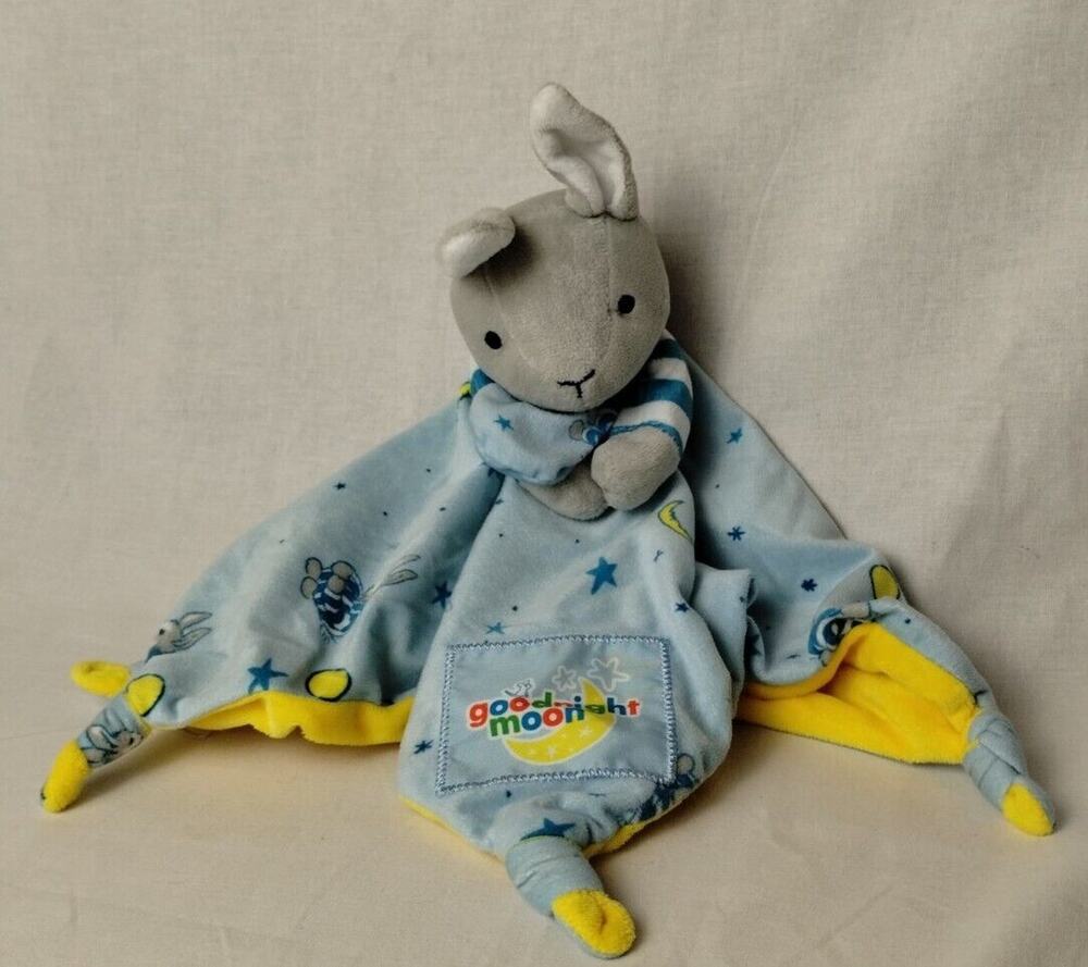 Goodnight Moon Bunny Rabbit Plush Lovey Security Blanket Blue Yellow - Knotted